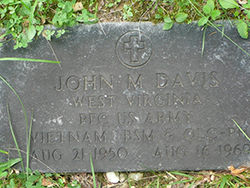 Grave marker for Pfc. John M. Davis in Milam Cemetery, Saxon, Raleigh County. Find A Grave photo courtesy Treva Brown Simpson