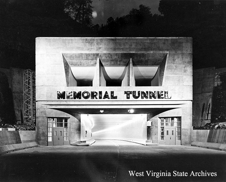 Memorial Tunnel at night. West Virginia Turnpike Commission Collection, West Virginia State Archives (192110)
