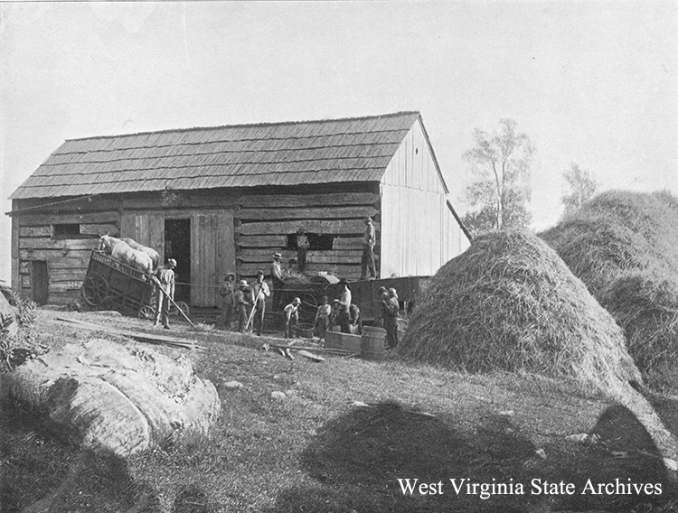 Threshing scene in Preston County, 1901. From Grant's Photo Record of West Virginia. Archives Collection, West Virginia State Archives (255610)