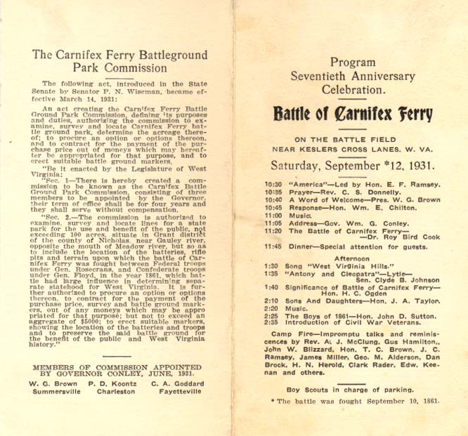 Program for the Seventieth Anniversary Celebration for the
Battle of Carnifex Ferry