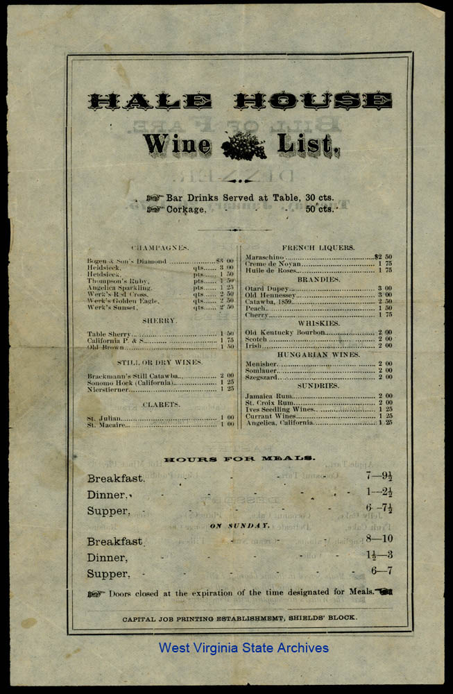 Bill of Fare and wine list for the Hale House, Charleston, January 26, 1875 (Carter/Faulkner Family Collection)