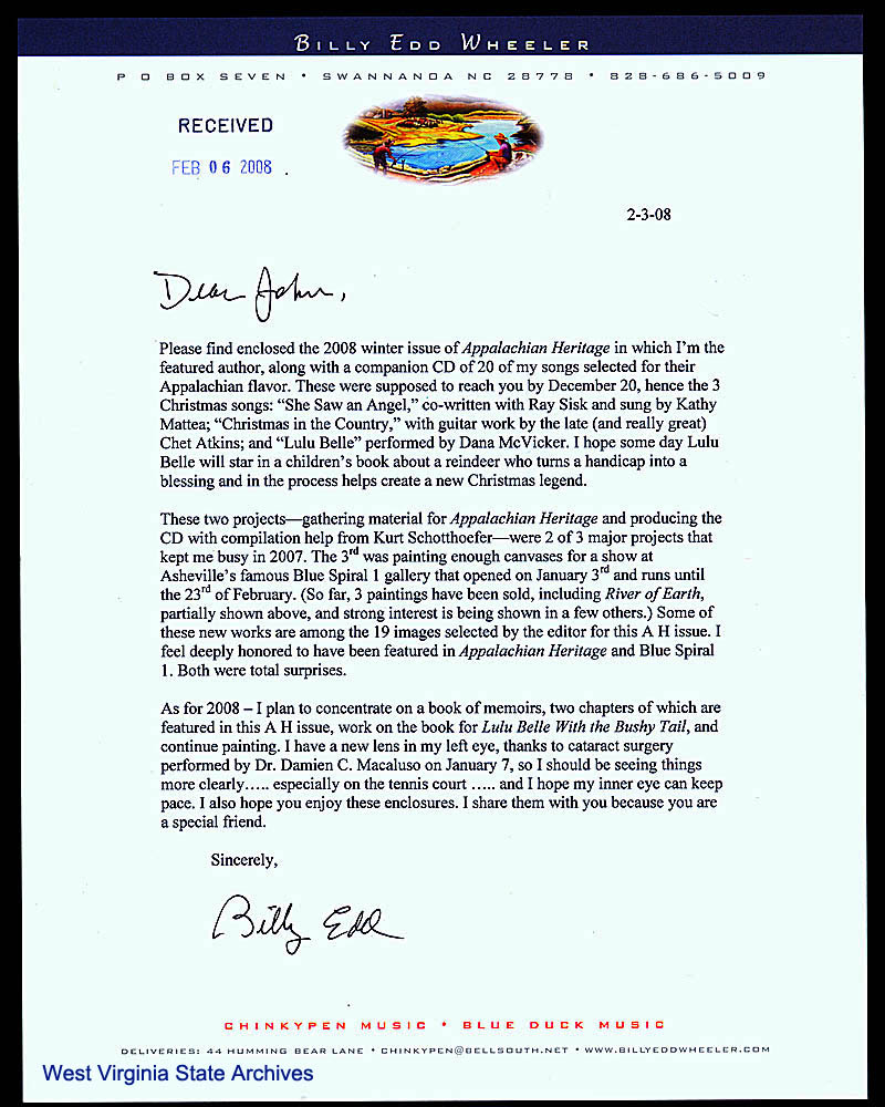 Letter from country music star and Boone County native Billy Edd Wheeler, February 3, 2008. (Ms2015-034)