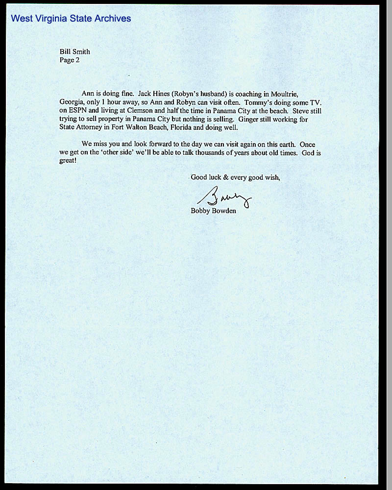 Letter from Florida State University head football coach Bobby Bowden to sportswriter Bill Smith, February 10, 2009. (Ms2010-035)