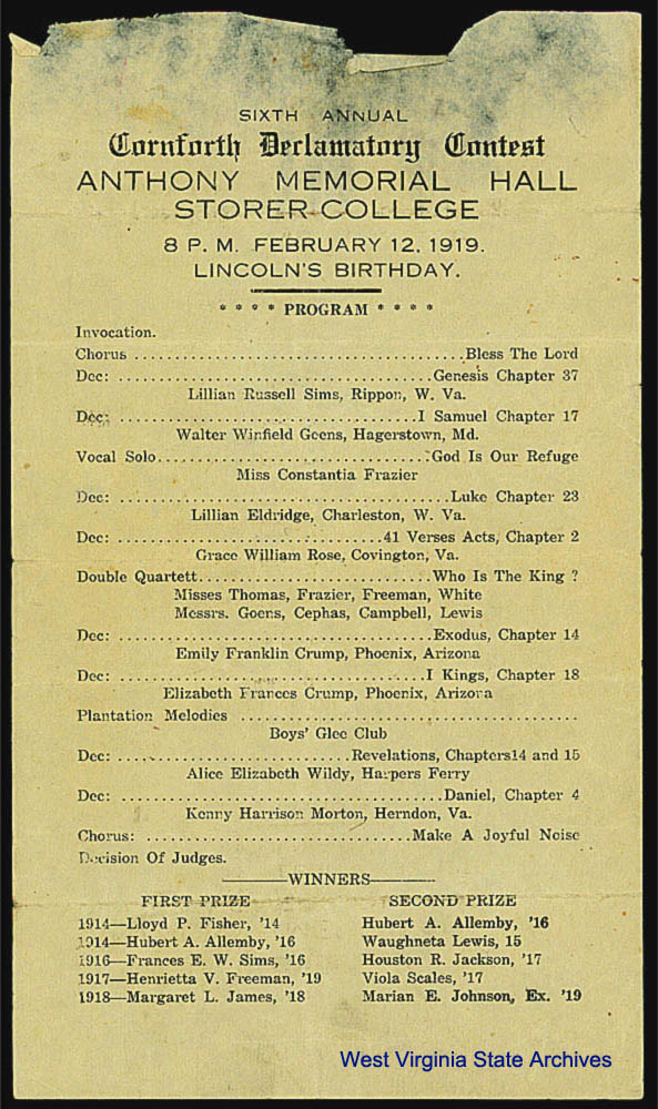 Program from the Sixth Annual Cornforth Declamatory Contest at Storer College, February 12, 1919. (Sc2002-013)