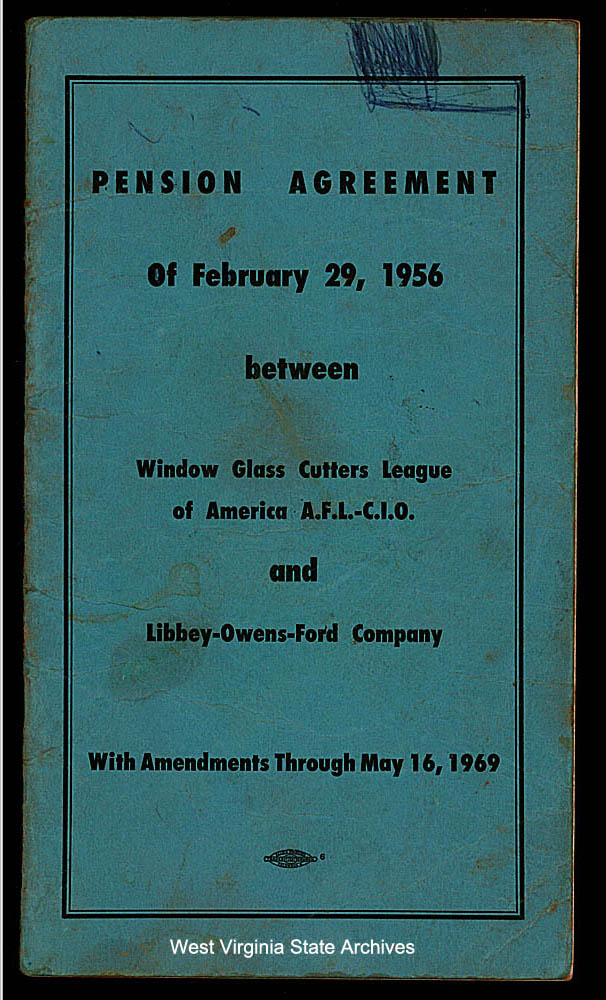Pension agreement between Window Glass Cutters League of America AFL-CIO and Libbey Owens Ford Company, 1956. (Ms2003-002)