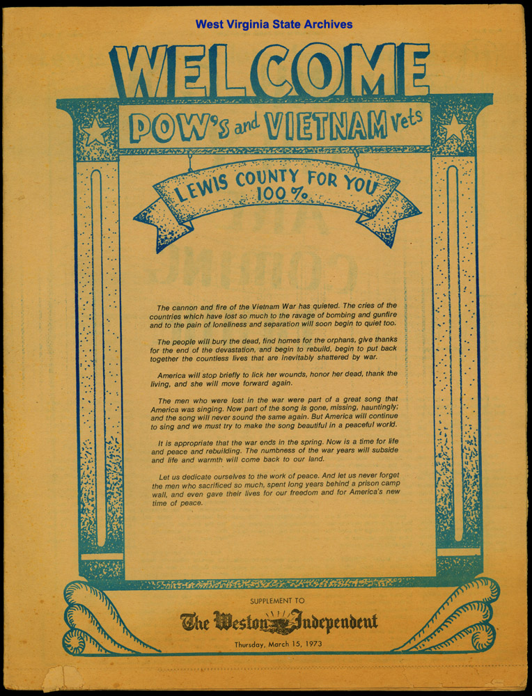 Special Supplement to the <i>Weston Independent</i>, Welcome POW's and Vietnam Vets, Lewis County For You 100%, 1973. (Ms2013-029)