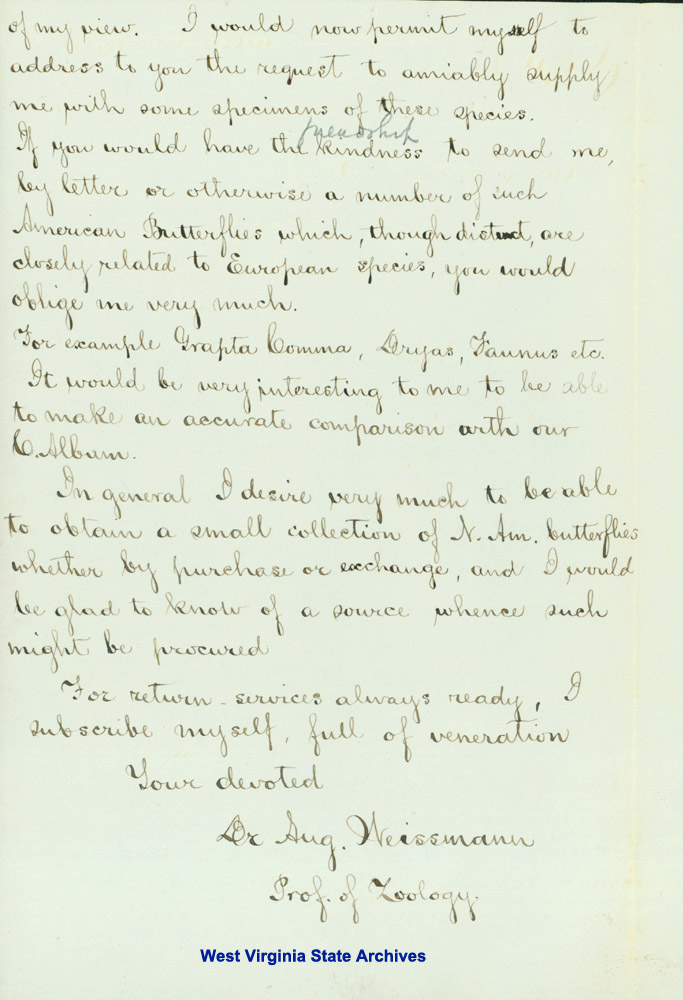 Correspondence from Dr. August Weissmann to William Henry Edwards regarding Effect of Isolation in the Formation of Species, 1872. (Ms79-2)