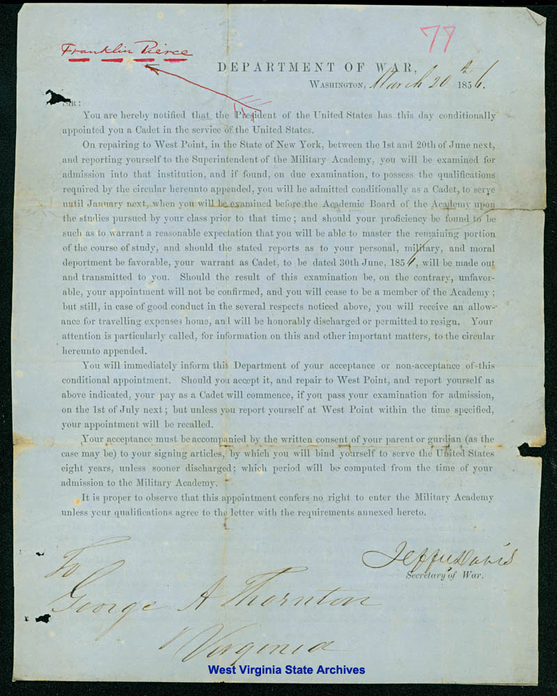 United States War Department letter signed by Jefferson Davis, 1856. (Ms80-168)