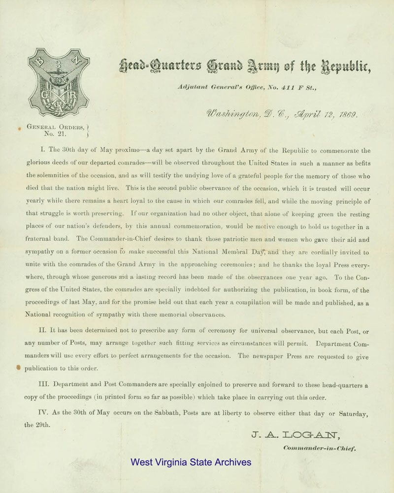 Printed notice from Head-Quarters Grand Army of the Republic, Washington, D.C., calling for a national day of remembrance, 1869. (Ar1748)