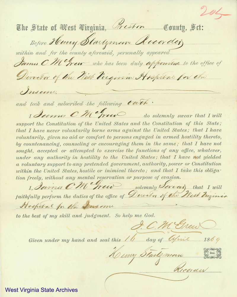 James C. McGrew letter, taking oath as director of Hospital for the Insane, 1869. (Ar1723)