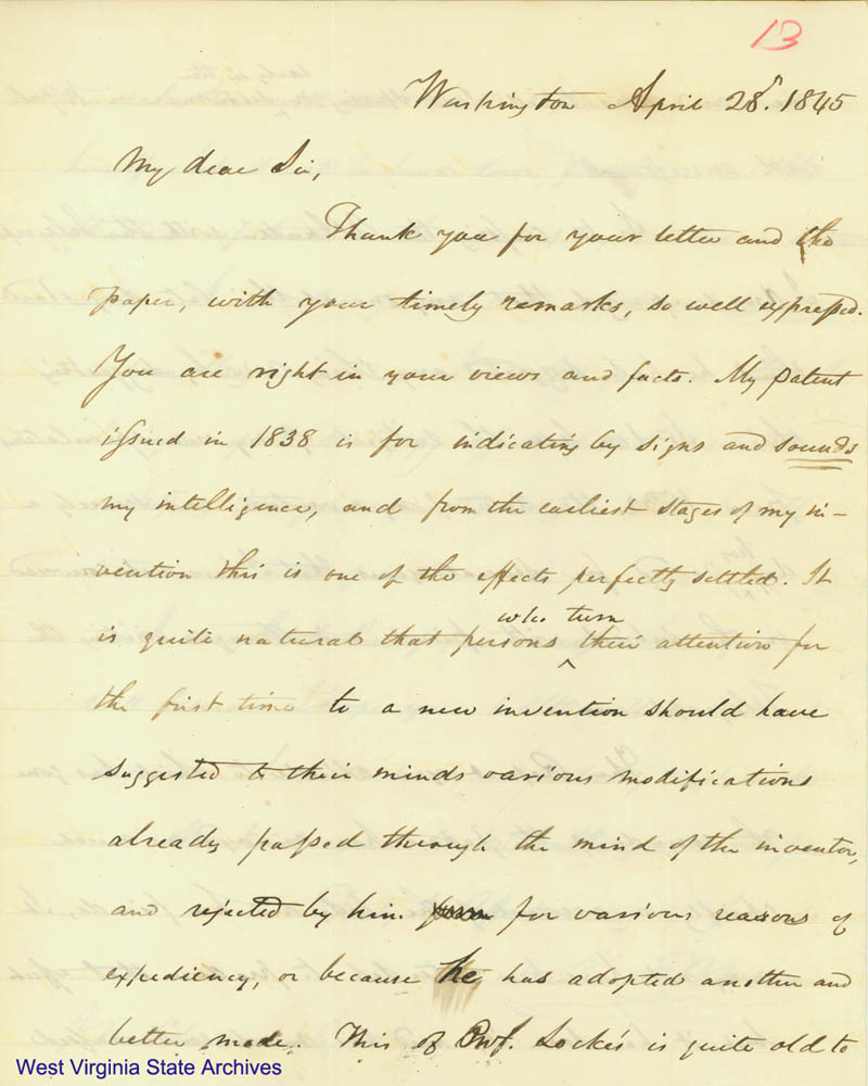 Samuel F. Morse letter to William Henry Edwards regarding invention of telegraph and the desire to communicate across the Atlantic with it, 1845. (Ms79-2)
