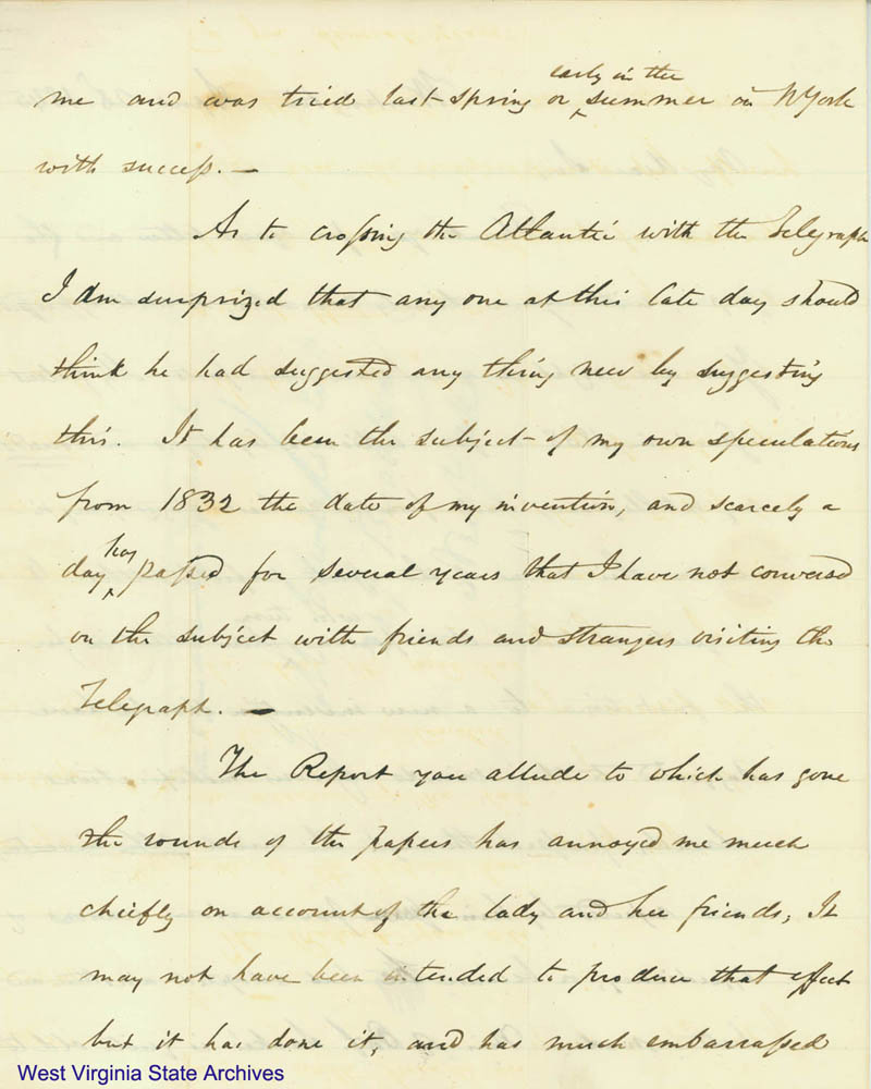 Samuel F. Morse letter to William Henry Edwards regarding invention of telegraph and the desire to communicate across the Atlantic with it, 1845. (Ms79-2)