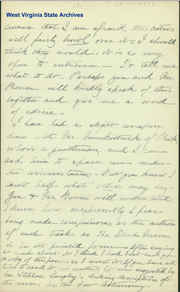 Correspondence from Danske Dandridge to Dr. Ward regarding editor of <i>American Magazine</i> has re-written her poem and ruined it, 1887. (Ms80-133)