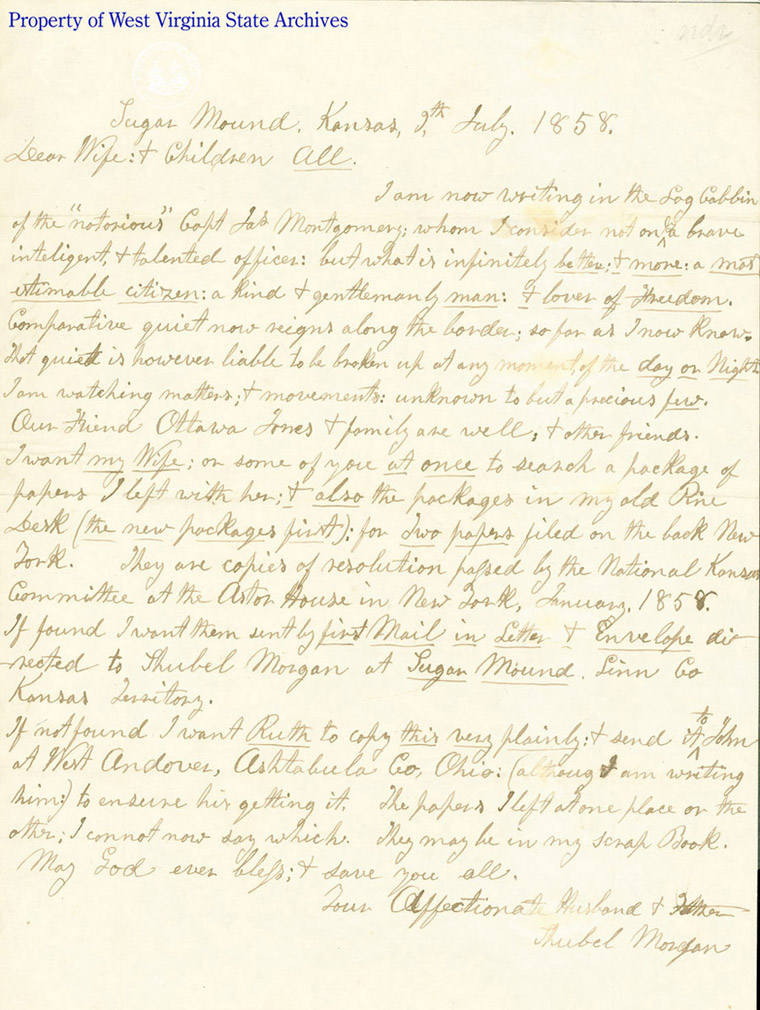 Letter from Shubel Morgan, pseudonym of John Brown, to wife Mary Ann Brown and their children, 1858. (Ms78-1)