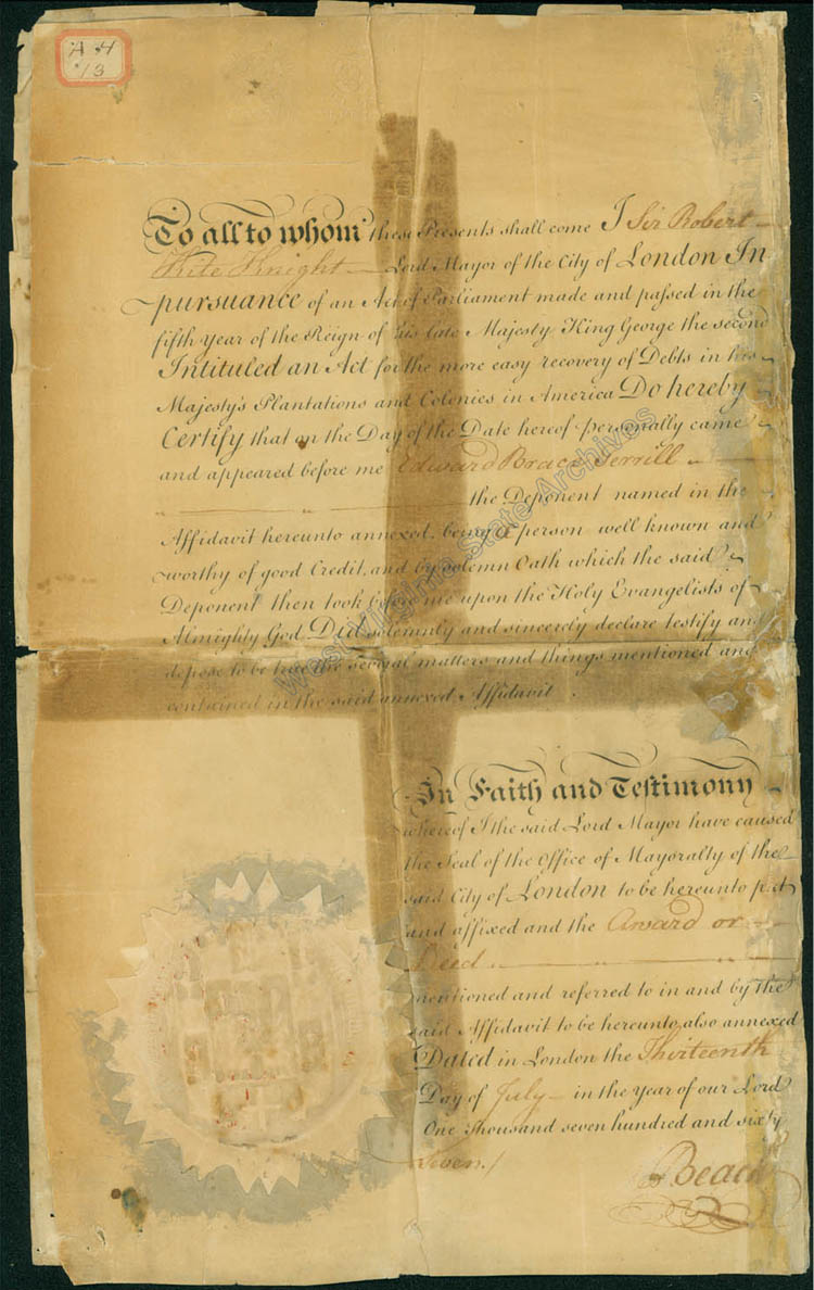 Affidavit of Sir Robert White mayor of London, 1767. (Ms80-209)
