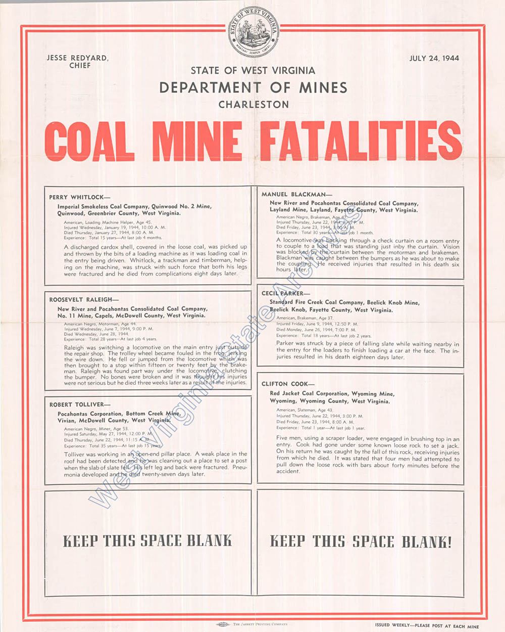 Department of Mines, coal mine fatality posters, 1944. (Ma18-3)