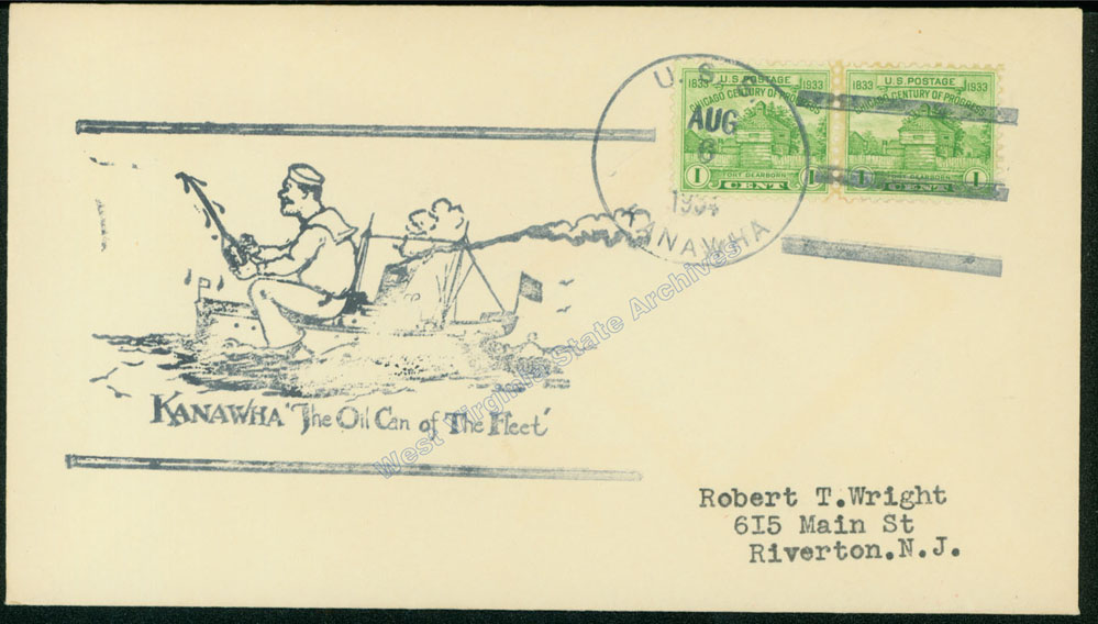 Postmarked cover, USS Kanawha, 1934. The USS Kanawha, commissioned in 1915, was the first ship built as an oiler for the US Navy. (Sc2006-117)