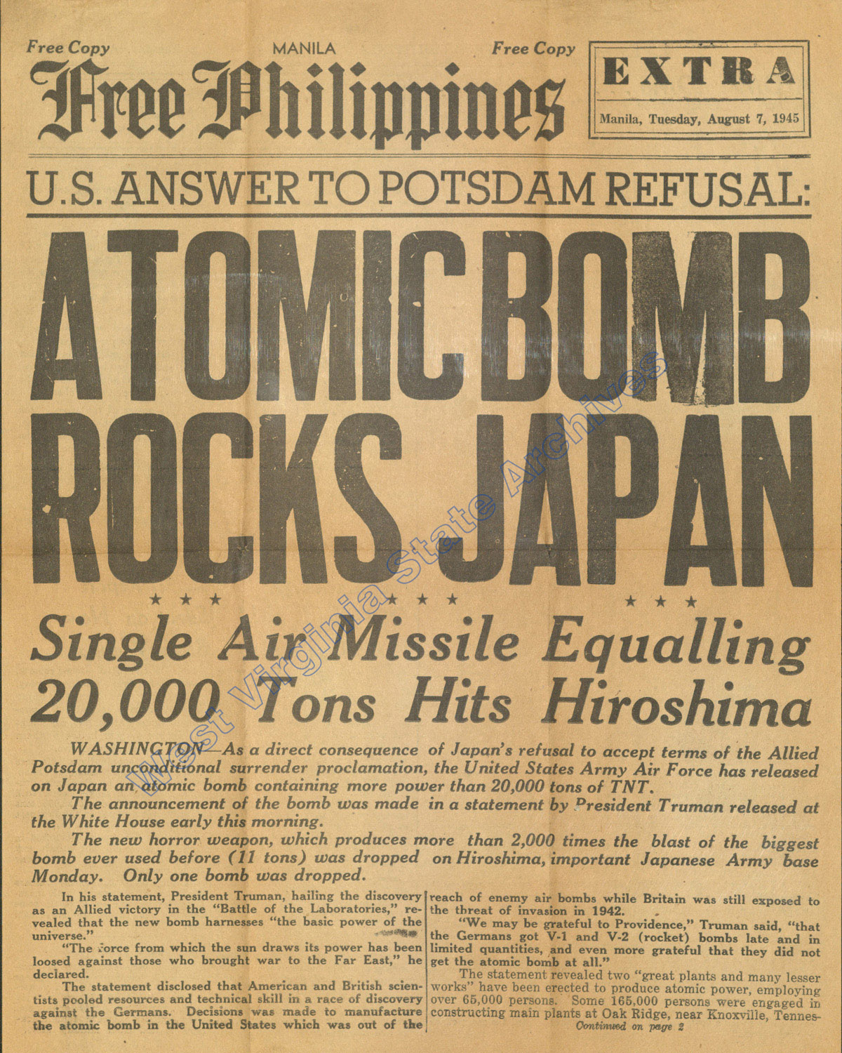 Front page of Philippines Free Press announcing dropping of an atomic bomb on Hiroshima, 1945. (Sc2013-098)