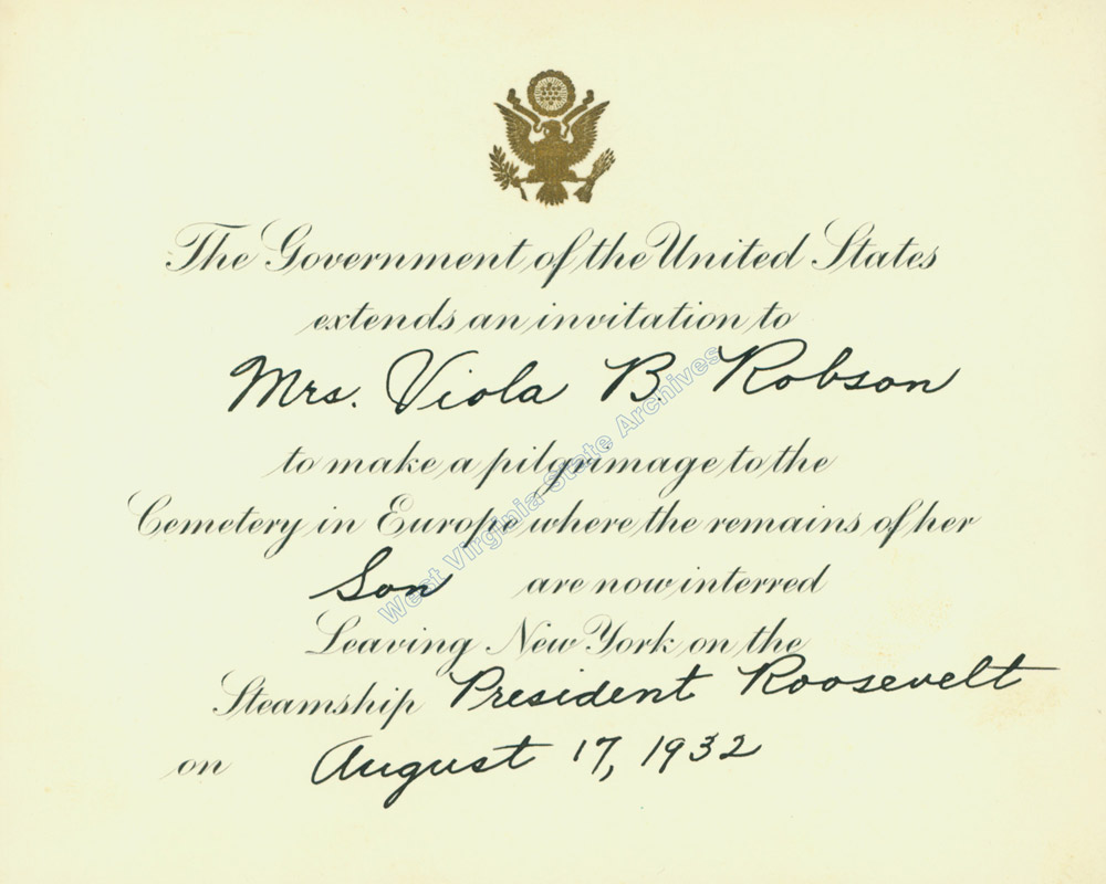 Invitation by United States Government to Viola B. Robson, Pilgrimage to Cemetery in Europe, 1932. (Ms2009-152)