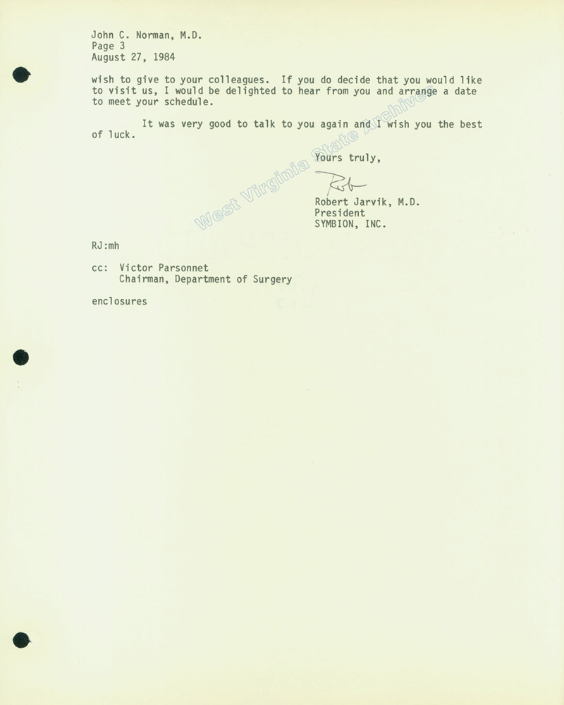 Letter from Robert Jarvik, inventor of the Jarvik-7 artificial heart, to Dr. John C. Norman, 1984. (Ms2014-074)