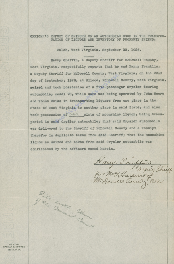 McDowell County Sheriff Office report on seized property, 1926. (Ar2094)
