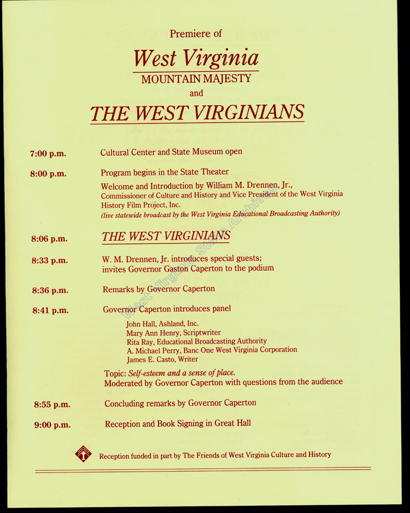 Pamphlet, Caperton presents <i>The West Virginians</i>, a half hour film focused on nine West Virginians and their contributions to the history of the state, 1996. (Cul 1. 9/10: W4)
