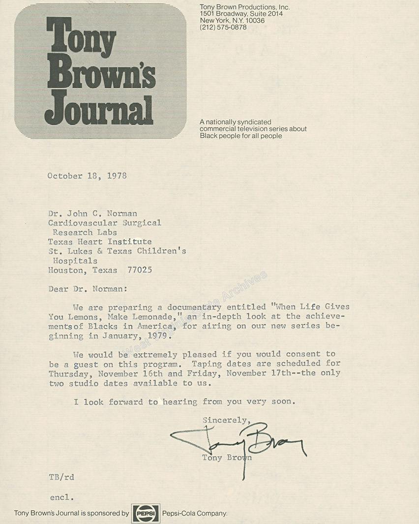 Invitation for John C. Norman to appear in Tony Browns documentary, When Life Gives You Lemons, Make Lemonade, 1978. (Ms2014-074)