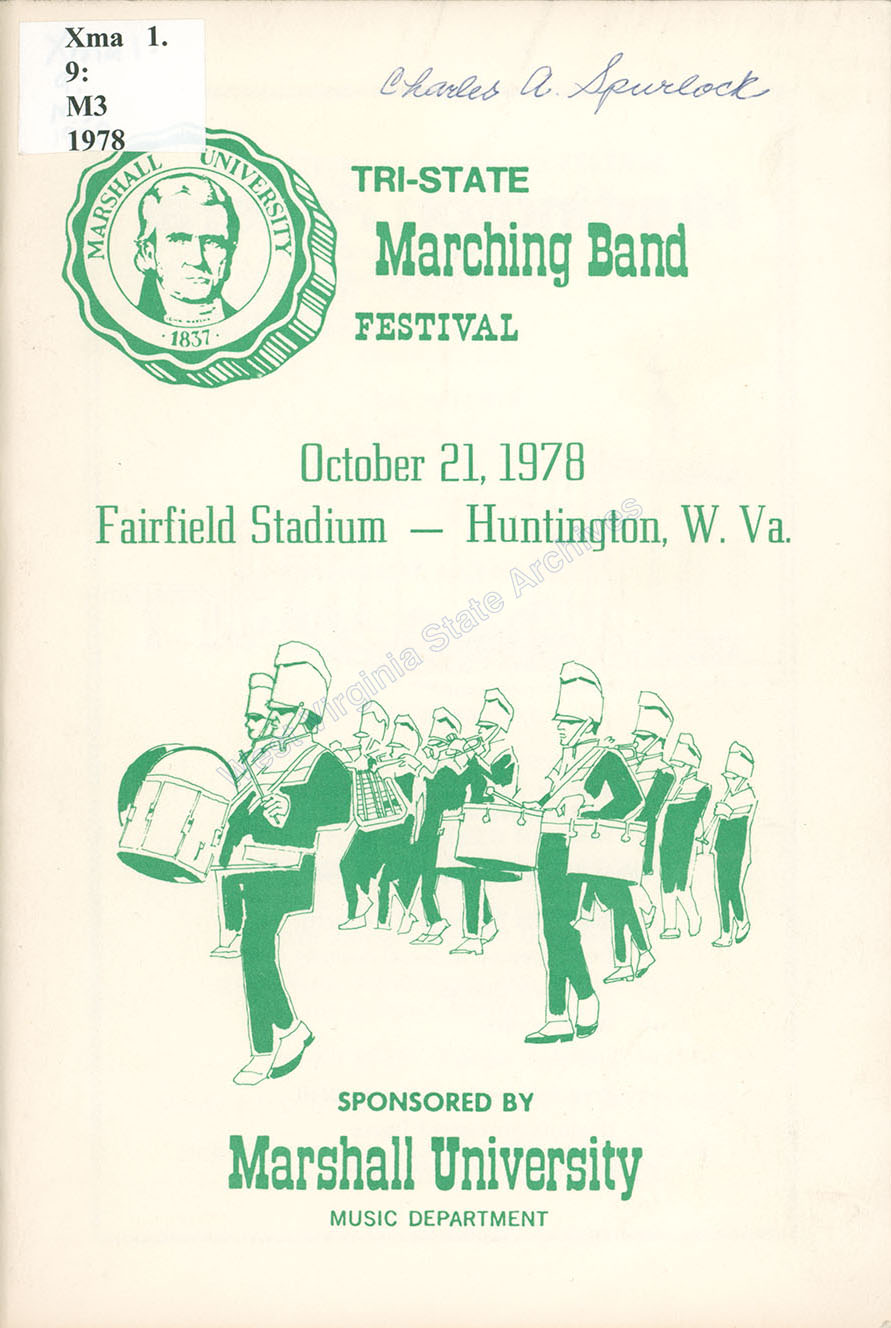 Booklet for the Tri-State Marching Band Festival held at Fairfield Stadium, Marshall University, 1978. (Xma1.9:M3)