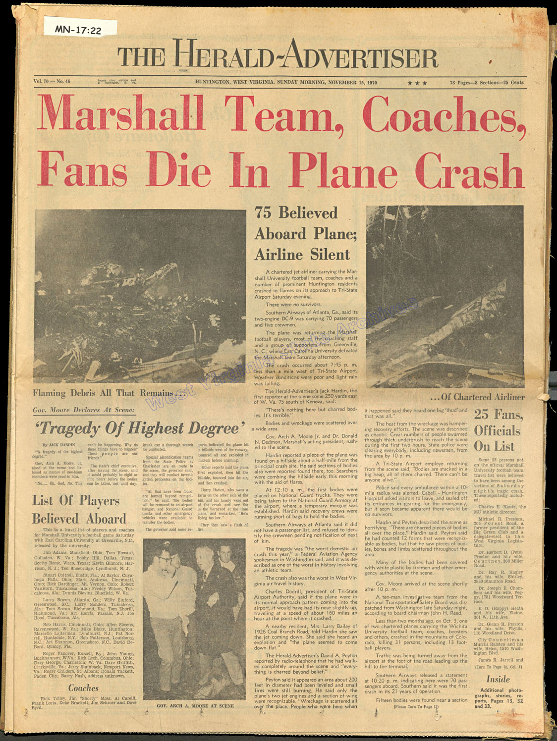Herald-Advertiser front page reporting the Marshall plane crash the night before, 1970. (MN-17:22)