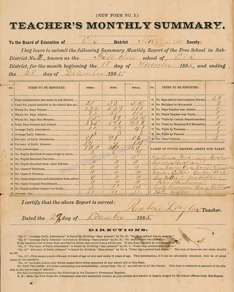 Teacher's monthly summary report for Elk District, Harrison County, 1885. (Ms79-204)