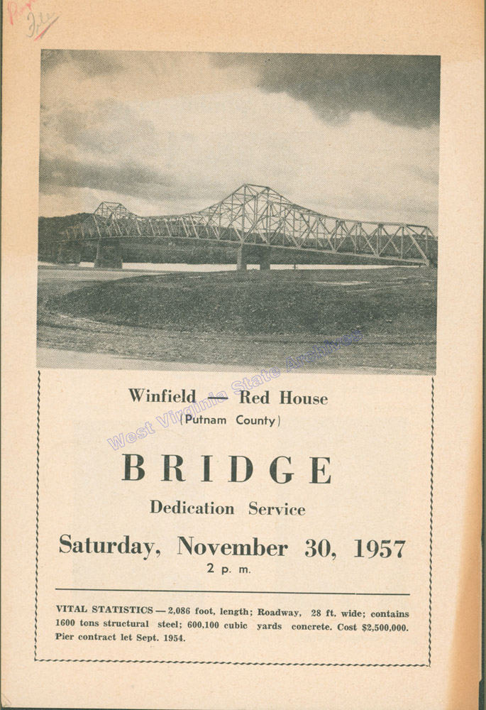 Program from the dedication service for the Winfield-Red House Bridge, 1957. (Ar1803)