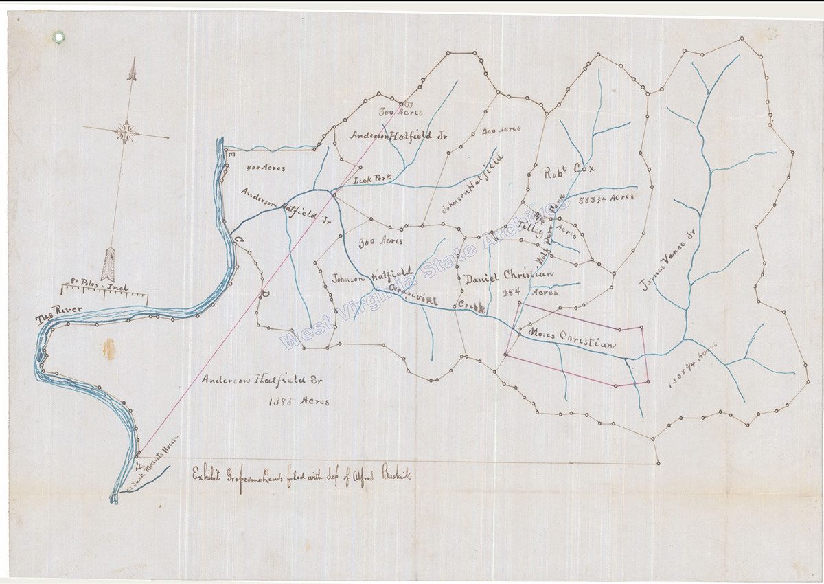 Map of Hatfield lands on Grapevine Creek that was filed with deposition of Alfred Buskirk, 1895. (Ma183-21)