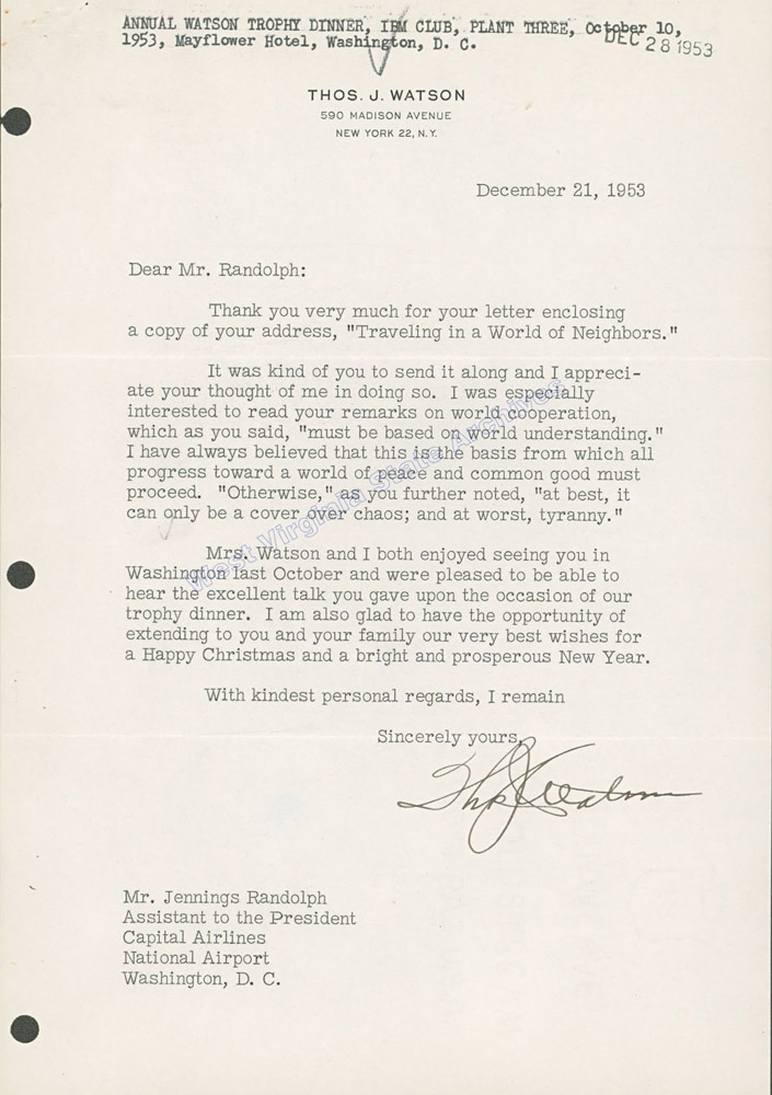 Letter of appreciation from Thomas J. Watson to Jennings Randolph for copy of speech, 1953. (Ms2017-016)