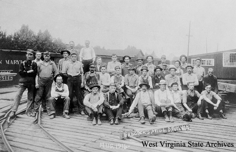 Workers at Babcock's Mill, Davis, August 1916. David Strahin Collection, West Virginia State Archives (141605)