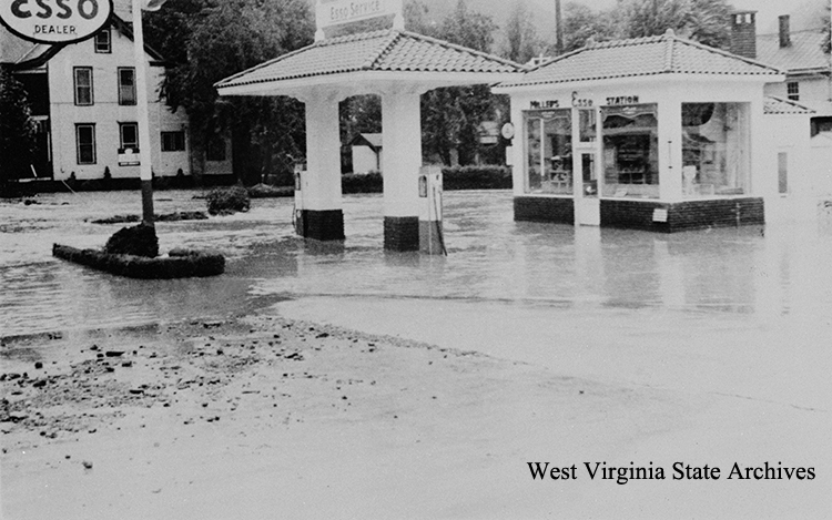 Miller's Esso service station slightly underwater, Hinton, Summers County, August 1940, Robert R. Keller, photographer. Robert R.  Keller Collection (044104)