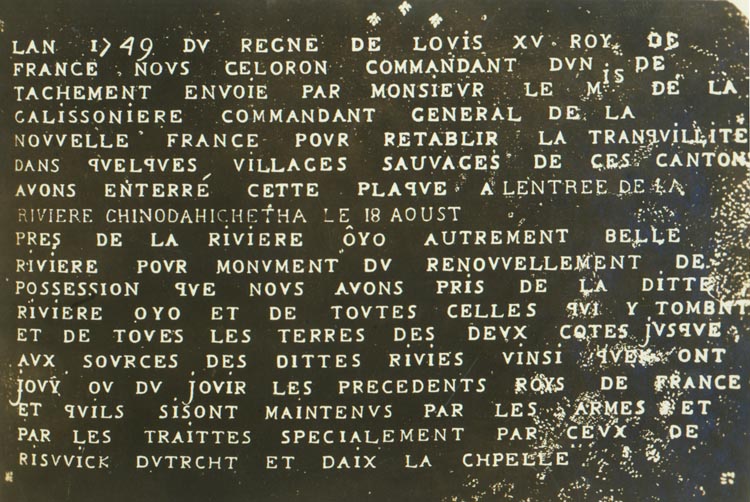 Photo of lead plate buried by French explorer Celeron de Blainville