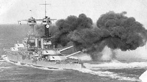 USS West Virginia firing her guns en route to Hawaii in 1928