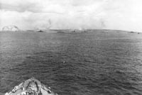 USS West Virginia approaching Iwo Jima