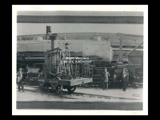 Part of panoramic of B&O Railroad train with people standing alongside and man at 1832 B&O Atlantic 4 cylinder steam driven engine. Right cirkut.