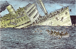 The Ship Sinks. Artistic rendition of the SS <i>Leopoldville</i>, by Richard Rockwell (nephew of Norman Rockwell). It's used as an illustration for the Allen Andrade book <i>Leopoldville: A Tragedy Too Long Secret</i>. Richard's college roommate and best friend, Wilbur Sloan, of Pennsylvania, was killed in the <i>Leopoldville</i> tragedy. Image used with permission