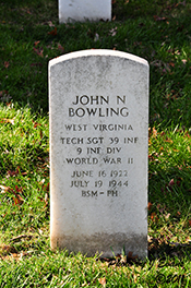 Headstone for T/Sgt. John N. Bowling at Arlington National Cemetery. Find A Grave photo courtesy John Evans
