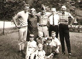 Front row from left to right: nieces and nephews Tim Cain, Tina Cain, Debbie Jacobs, brother Russell Wayne and nephew Rick Jacobs. Standing left to right: brother John W. Fleck, mother Virginia P. Fleck, Bobby, father John Q. Fleck, and brother Jim Jacobs. Courtesy Tina Cain