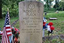 Military headstone for Cpl. Robert L. Fleck in Spring Hill Cemetery. Note the date of birth is listed as 1947, but the correct date is 1948. <i>Find A Grave</i> photo used with permission