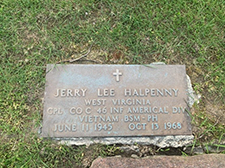 Military marker at the grave of Cpl. Jerry Lee Halpenny, IOOF Cemetery, Enterprise, West Virginia. Courtesy Bobby Bice