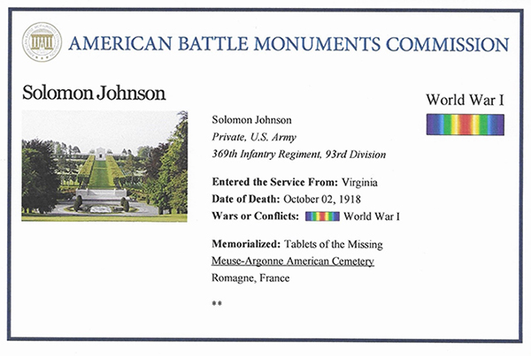 American Battle Monuments Commission memorial to Pvt. Solomon Johnson