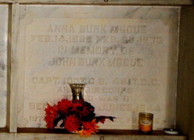 Anna Burk McCueï¿½s marker in the East Oak Grove Cemetery also memorializes her son Capt. John Burk McCue. Courtesy Cynthia Mullens