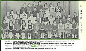 James T. Noss's picture appears several times in his school yearbook. In this eighth-grade photo (1959), he is in the third row, fourth from the left. Photo from Bruceton High School yearbook