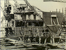 USS <i>LST-469</i> under repair in Sydney after being torpedoed off Smokey Cape, New South Wales, June 16, 1943. Australian War Memorial Photo No. 305770