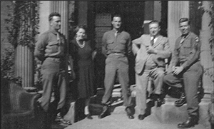 Taken in May1944 at the Goscote Hotel, Leicester, England. S/Sgt. Prager (center) is flanked by Mrs. H. Sheppard and Mr. H. Sheppard, proprietors of the hotel. Courtesy 505rct.org