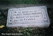Marker for James Parks Robson in Spring Hill Cemetery. Courtesy West Virginia State Archives, Viola B. Robson Collection (Ms 2009-152)